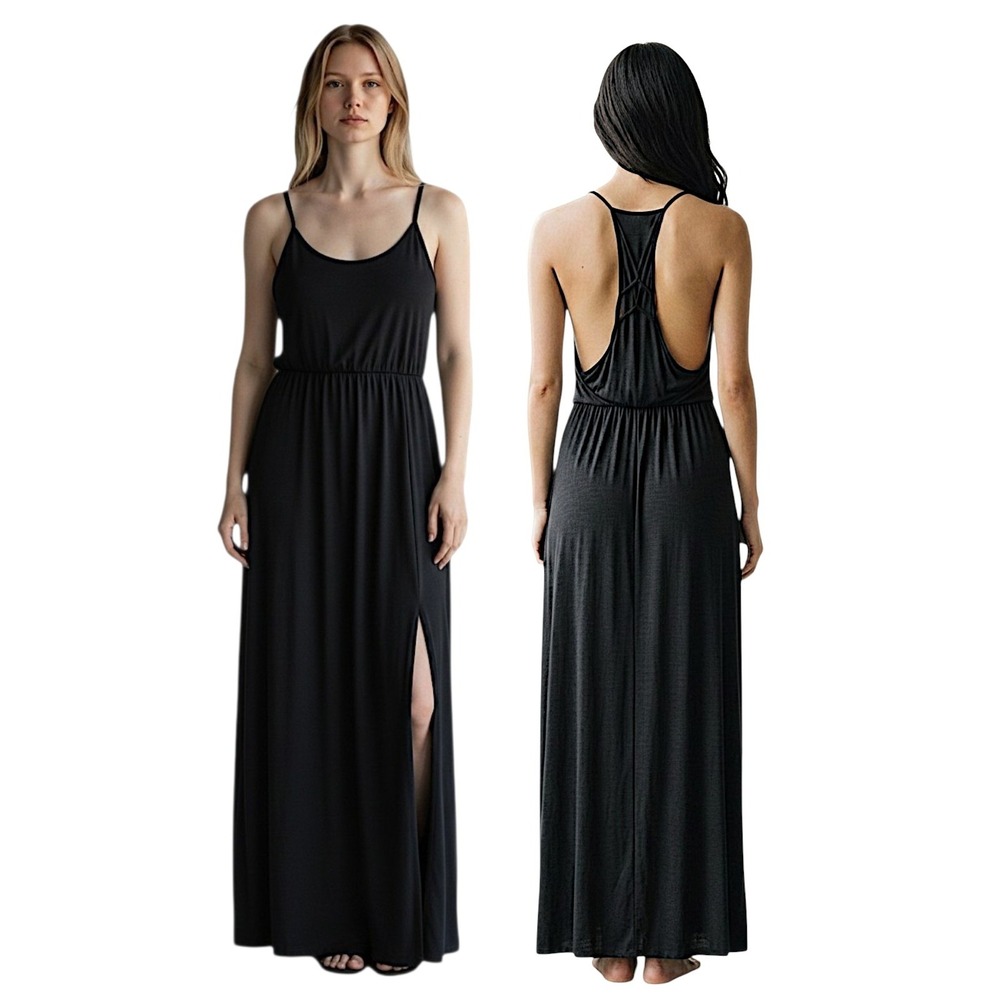 Banana Republic Maxi Dress M Black Jersey Knit‎ Sleeveless Beach Resortwear 62"